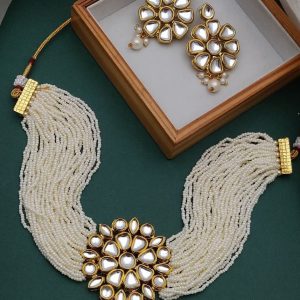Pearl and Kundan Adjustable choker necklace set